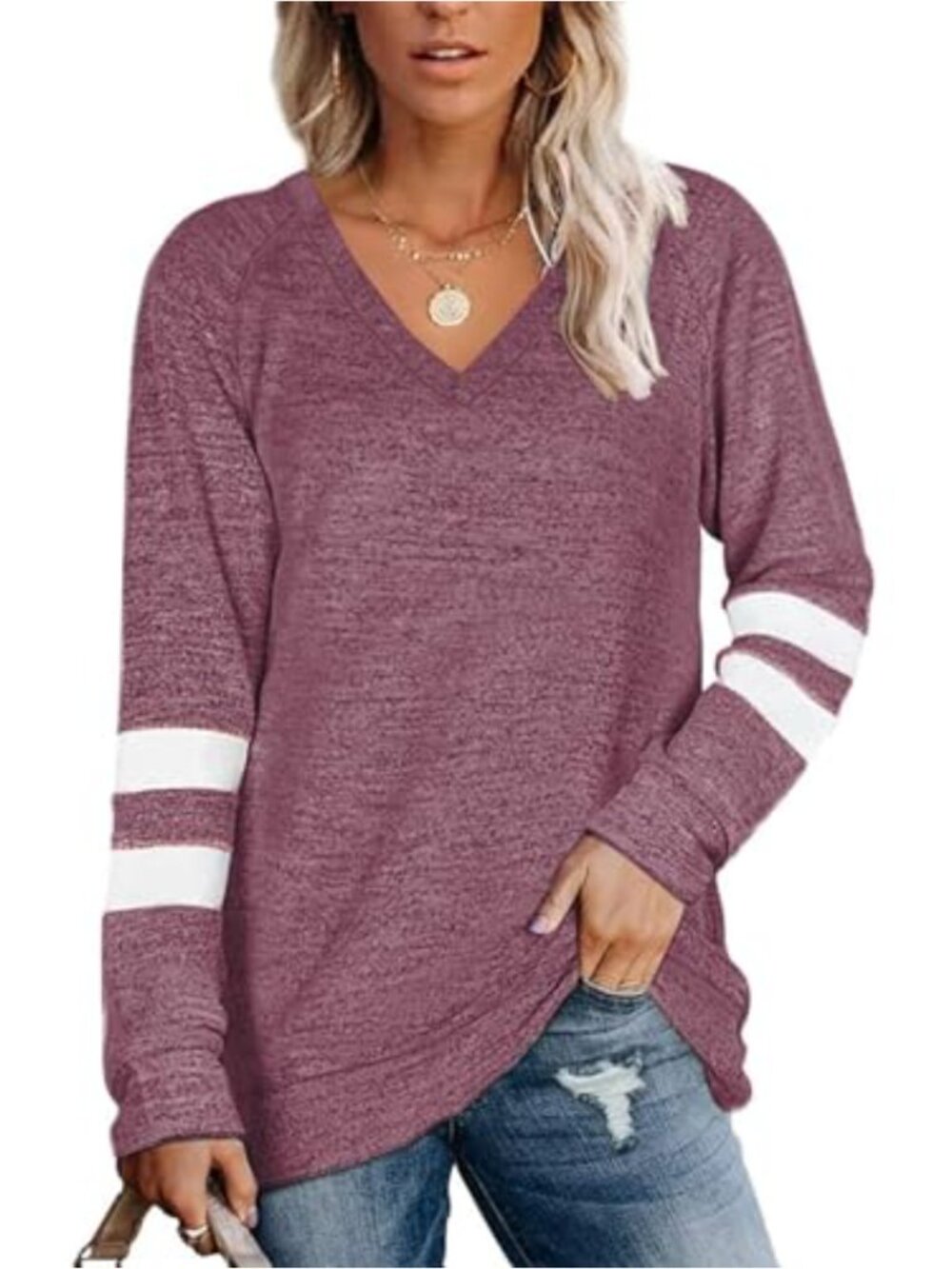 Famulily Women's V Neck Long Sleeve Striped Tunic Sweatshirt Top